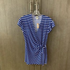 NWT Anne Klein Blue and White Tie-Front Blouse with Flutter Sleeves, Size Small